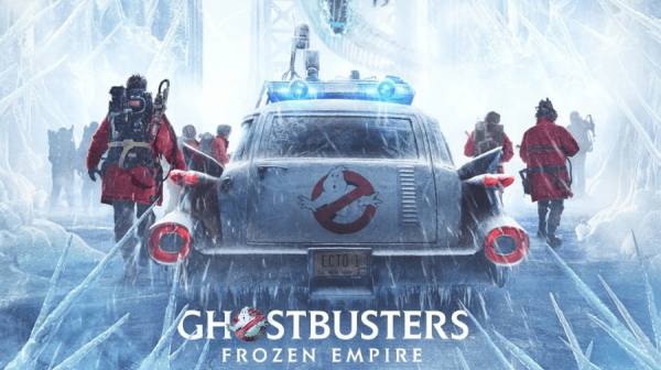 the ghostbusters car drives around, surrounded by ice and the backs of 4 ghostbusters, two either side of the car, with the film title underneath 