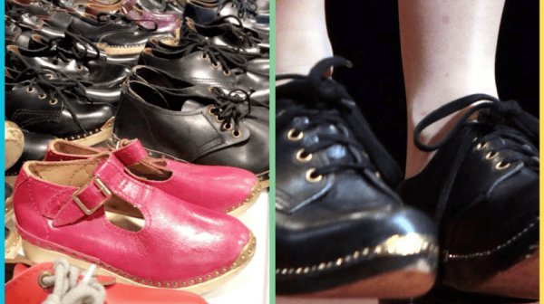 a table with lots of pairs of red and black dancing clogs on the left hand side of the image and on the right a cut off of the clogs on a pair of white socked feet and legs