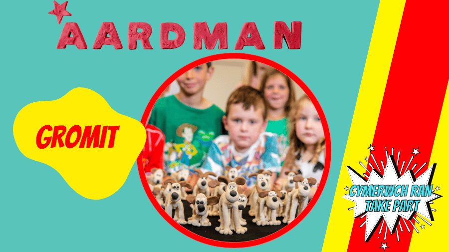 the aardman logo and a circle with a group of children showing their clay models of gromit 