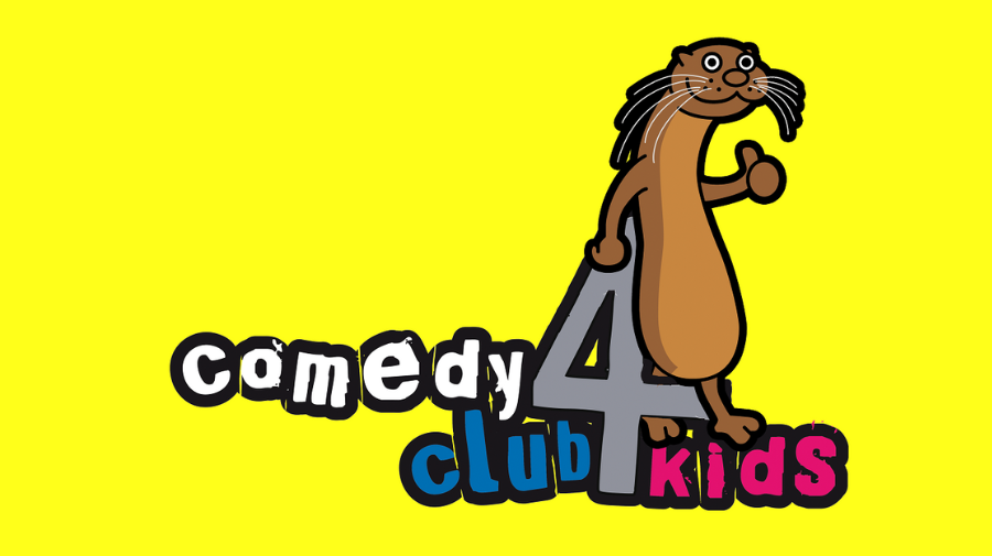 a yellow background, with a cartoon meerkat and comedy 4 kids in different colours across the bottom of the image 