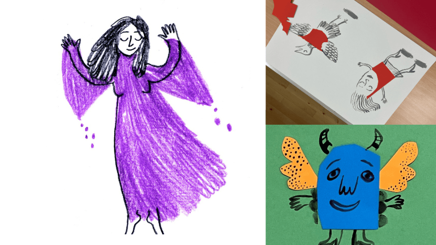 a blue troll with orange horns, a fairy in a purple dress 