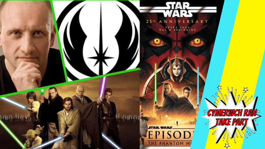 a head shot of a white man with a bald head, characters from Star Wars and a poster for Star Wars  Phantom Menace