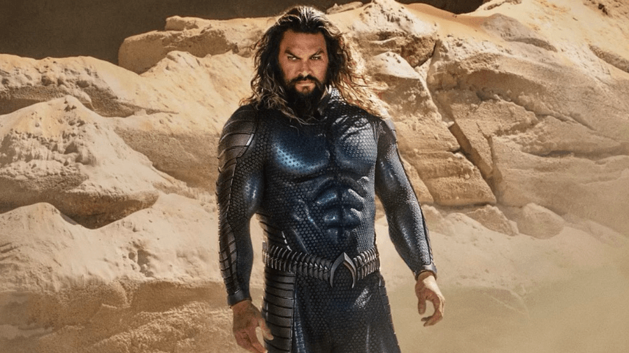Jason Momoa, in costume as Aquaman, in a skin-tight costume. He has long dark hair and is stood against some rocks the colour of sand 