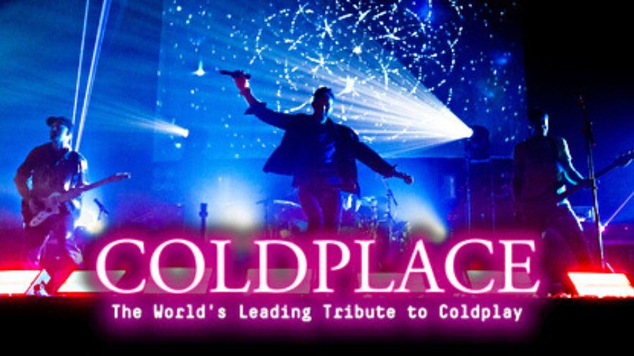 Band in stage with blue lights. 'Coldplace' in neon pink font.