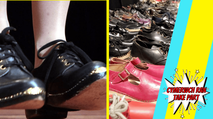 photos of a pair of feet in white tights and black clog shoes and a row of clog shoes of varying colours on a shelf 