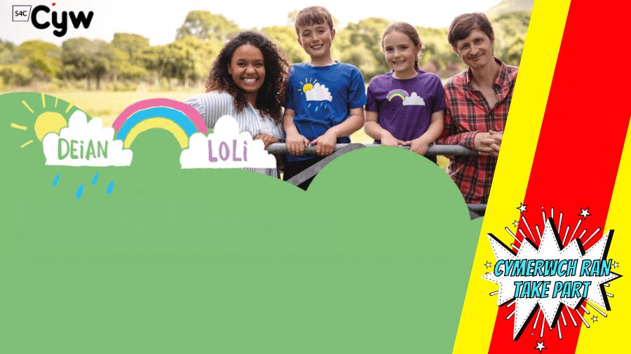 a young girl and boy and a man and woman stand behind a green cloud. They are smiling. 