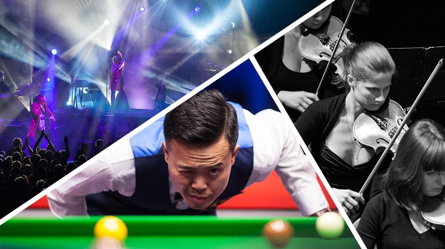 3 images of snooker player, simple minds concert and orchestra