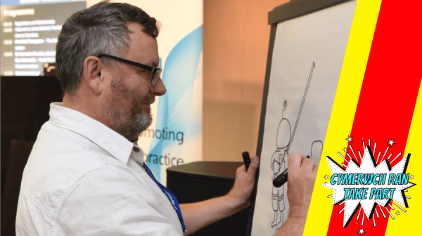 a man wearing a white shirt and glasses doodles on a paper flip board 