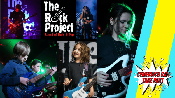 various images of children and teenagers playing bass, lead guitar, singing into a microphone and drumming 