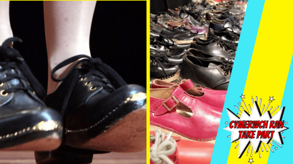 photos of a pair of feet in white tights and black clog shoes and a row of clog shoes of varying colours on a shelf 